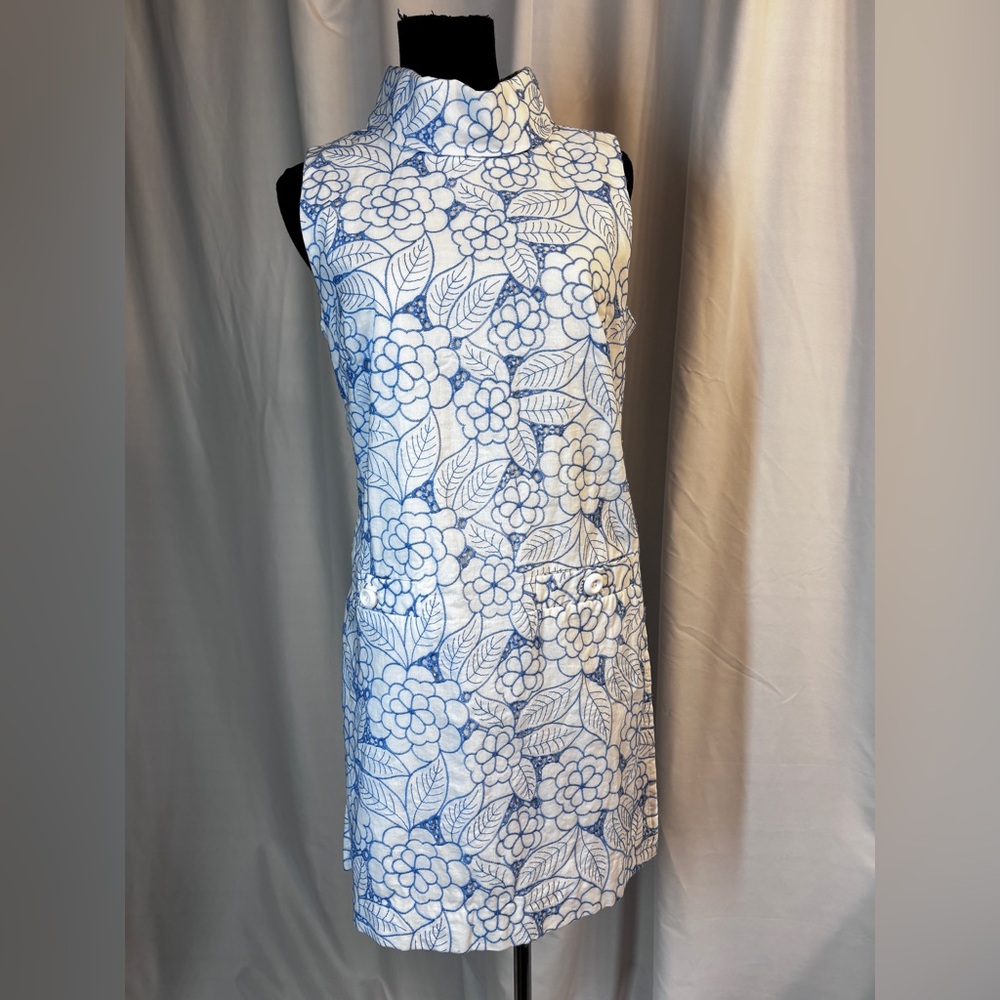 Lilly Pulitzer White Dress with Blue Embroidered Floral Detail